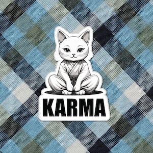 Adesivi con taglio a bacio e illustrazione carina Cat Karma, regalo per proprietari di animali domestici, decalcomania per amanti degli animali, accessori per laptop, adesivo per planner, decalcomania per auto