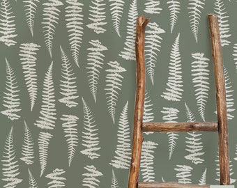 Sage Green Forest Fern Wallpaper – Earthy Woodland Wallpaper – Botanical Leaves Wallpaper – Rustic Country Wallpaper – Peel and Stick