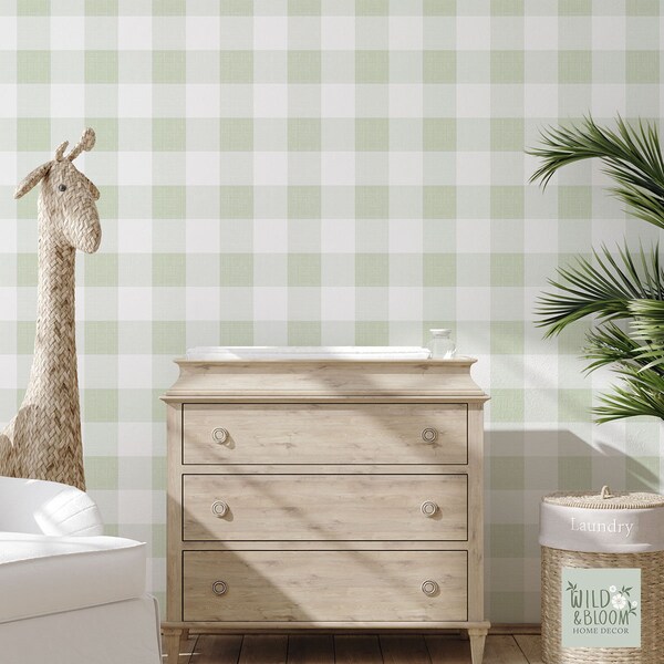 Medium Scale Light Green Checkered Gingham Wallpaper - Sage Green Wallpaper - Pastel Wallpaper - Checkered Wallpaper -  Removable Wallpaper