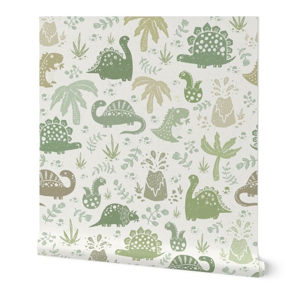 Dinosaur Nursery Wallpaper - Block Print Wallpaper - Children's Wallpaper - Green Dinosaur Wallpaper - Peel and Stick - Removable Wallpaper