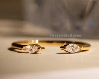 Diamond Open Marquise Wedding Band,Solid Gold Open Spacer Ring for Women, 14k Yellow Gold Dainty Notch Wedding Ring,Adjustable Cuff RingBand