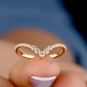 Yellow Gold Curved Wedding Band: Moissanite Diamond Stacking Ring