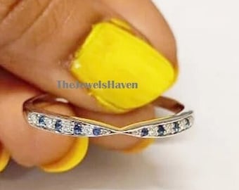 Lab Grown Sapphire Wedding Band, Half Eternity Round Moissanite Engagement Ring, Alternating Bridal Ring Band for Women, Matching Band, Gift