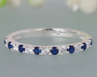 14k Dainty Diamond Wedding Band, Petite Diamond Wedding Ring, Sapphire and Moissanite Wedding Band, Half Eternity 14K Solid White gold Bands