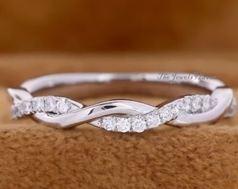 Twisted Moissanite Wedding Band: 14K White Gold Half Eternity Ring