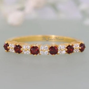 Red Garnet 14k Gold Band Ring: Diamond CZ Stacking Ring