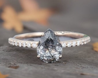 Pear shaped Black Rutilated Quartz engagement ring, Rose gold vintage engagement ring, Half eternity Diamond ring Anniversary gift for women