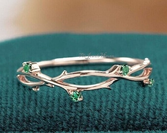 Dainty Emerald Twig Ring: Yellow Gold Branch Wedding Band