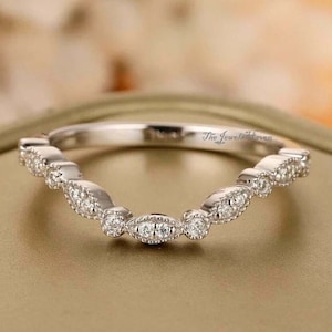 14k White Gold Moissanite Wedding Band: Vintage Milgrain Bridal Ring