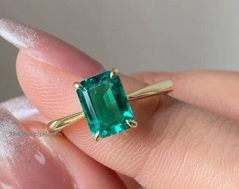 14K Yellow Gold Emerald Ring Emerald Engagement Ring Emerald Cut Engagement Ring Emerald Solitaire Ring Green Emerald Ring, Minimalist Rings