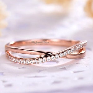 Infinity Moissanite Wedding Band, Round Cut Band, 14K Rose Gold Band, Twisted Shank Half Eternity Band, Matching Band For Engagement Rings