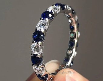 Natural Blue Sapphire and Diamond Eternity Band in 14K Solid White, Share Prong Design 3 mm Eternity Band, 14k Gold Moissanite Promise Rings