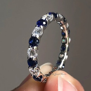 Natural Blue Sapphire and Diamond Eternity Band in 14K Solid White, Share Prong Design 3 mm Eternity Band, 14k Gold Moissanite Promise Rings