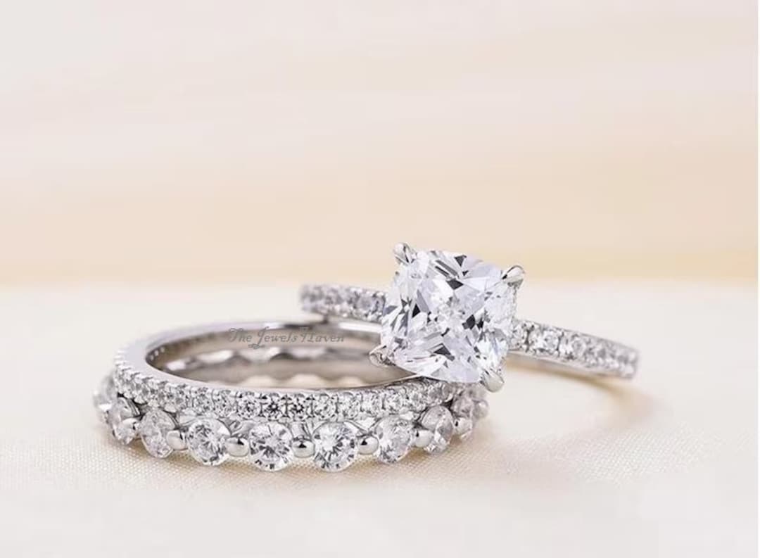 Cushion Cut Moissanite Bridal Ring Set: 14K White Gold Wedding Rings - Etsy