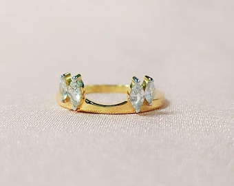 Anillo protector de plata de ley con diamante marquesa, anillo curvo para alianza de boda chapado en oro.