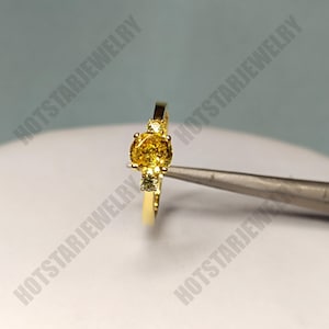 Yellow Sapphire Three Stone Ring, 14K Gold Plated Sterling Silver