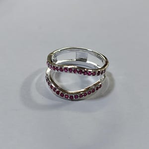 Round Cut Ruby Ring Guard Enhancer, 925 Sterling Silver Double Band Wrap, Curved Moissanite Wedding Ring Jacket, Stackable Chevron Band Set