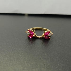 Lab Created Ruby Ring Guard Enhancer, 925 Sterling Silver Gold Plated Band, Pink Marquise Cluster Nesting Ring, Open Cuff Wedding Ring Guard