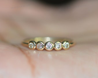 Sterling Silver Five Stone Diamond Band, 14K Gold Plated Bezel Ring