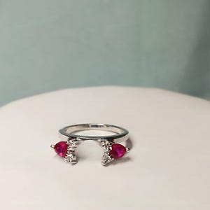 Lab Created Ruby Ring Enhancer, 925 Sterling Silver Pear Cut Ring Guard, Dainty Curved Wedding Band, July Birthstone Chevron Stacking Ring