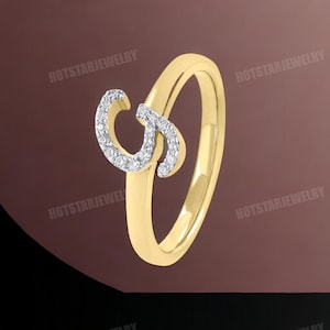 Diamond Initial Ring, 14K Gold Plated Sterling Silver Letter Ring