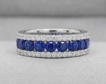 Blue Sapphire & Diamond Eternity Ring 14K White Gold Plated 925 Silver Wedding Band | Sapphire Anniversary Ring | Stackable Bridal Band