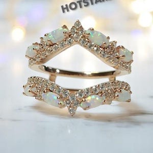 Enhancer Rings, Art Deco Opal Wedding Band 14k White Gold Plated, Stackable Ring Guard, Anniversary Gift, Enhancer Ring Sets