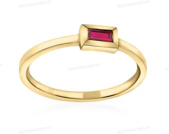 14K Yellow Gold Plated, Lab Created Blood Ruby Emerald Cut Band Bezel Set Solitaire Wedding Band For Her, 925 Sterling Silver Ring