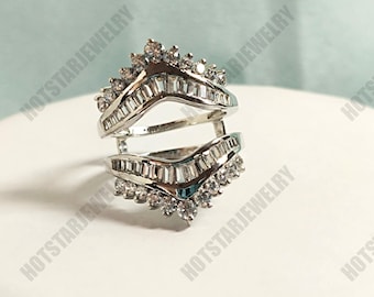 Enhancer Wrap Ring for Women,Diamond Ring Sterling Silver ,Baguette Cut wedding Ring Holder ,14k White Gold Plated Engagement Ring