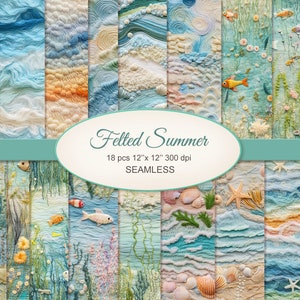 May include: 18 digital paper designs featuring a felted summer theme. The designs include blue and white waves, seashells, starfish, and fish. The papers are 12 inches by 12 inches and 300 dpi.