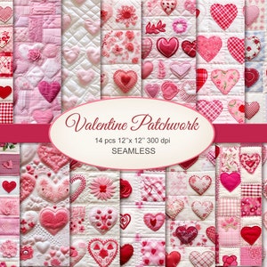 Pode incluir: Uma coleção de 14 designs de papel digital com um padrão de patchwork de corações em vários tons de rosa e vermelho. Os papéis são sem costuras e medem 30,5 cm x 30,5 cm a 300 dpi. Valentine Patchwork.