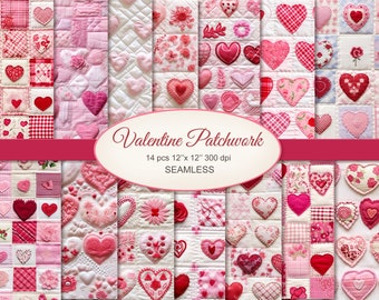 Valentine Patchwork Seamless Pattern Craft Paper. Valentines Day Texture. Commercial Use. Junk Journal, Scrapbooking. 14 PACK
