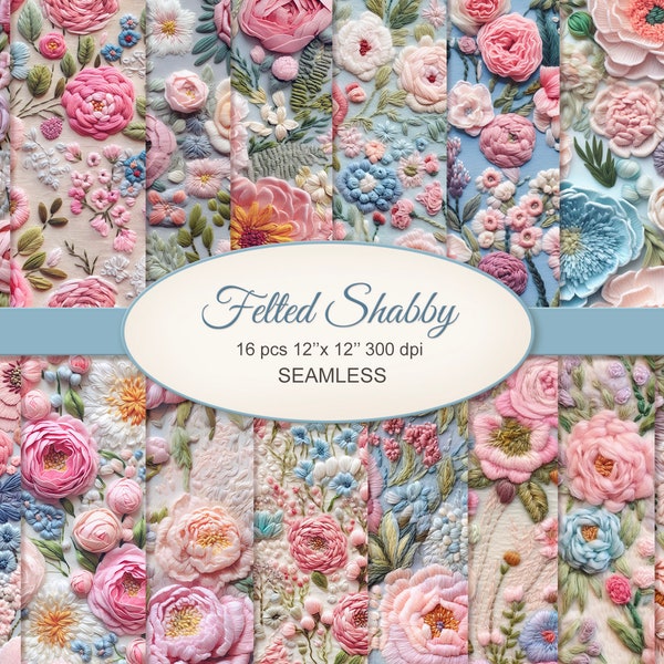 Felted Shabby Floral Cozy Seamless Pattern Craft Paper. Embroidered Flowers. Commercial Use. Junk Journal, Scrapbooking, Fabric. 16 PACK