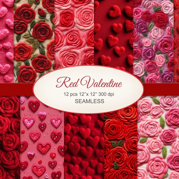 Red Valentine Hearts Roses Seamless Pattern Craft Paper.Knitted Felted Texture. Commercial Use. Junk Journal, Scrapbooking. 12 PACK