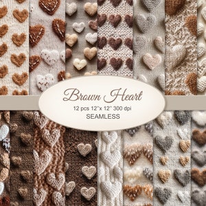 Könnte beinhalten: Zwölf nahtlose digitale Papiermuster mit verschiedenen Stricktexturen mit braunen Herzen. Die Muster sind 30,5 cm x 30,5 cm groß und haben eine Auflösung von 300 dpi.