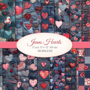 Jeans Hearts Patchwork Seamless Pattern Craft Paper. Valentines Day Texture. Commercial Use. Junk Journal, Scrapbooking. 17 PACK