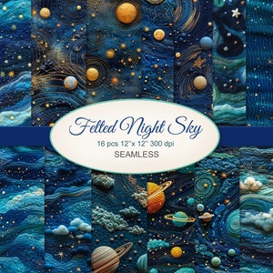 Puede incluir: Un conjunto de 16 diseños de papel digital que presentan un cielo nocturno de fieltro azul y dorado con estrellas, planetas y nubes. Los papeles miden 30,5 cm x 30,5 cm y 300 dpi.  Felted Night Sky - 16 pcs 12" x 12" 300 dpi SEAMLESS