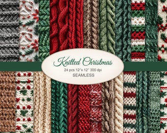 May include: 24 seamless digital paper patterns featuring various knitted textures in red, green, white, and brown. The patterns are 12 inches by 12 inches and 300 dpi. Knitted Christmas.