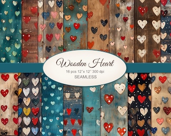 Shabby Wood med hjärtan sömlösa mönster hantverkspapper. Alla hjärtans dag-kärlek trästruktur. Kommersiellt bruk. Skräpjournal, scrapbooking. 16-pack