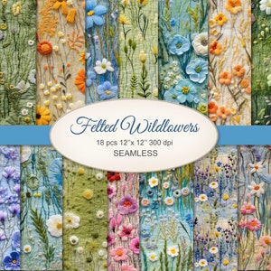May include: 18 digital paper designs featuring felted wildflowers in various colors, including blue, pink, yellow, and green. Each design is 12 inches by 12 inches and 300 dpi. The designs are seamless.