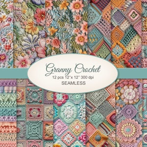 Oma gehaakt patchworkpatroon Kraftpapier. Cottagecore-textuur. Commercieel gebruik. Ongewenst dagboek, scrapbooking, stof. 12 PAK