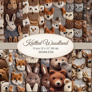 Knitted Woodland Seamless Pattern Craft Paper. Deer, Rabbit, Bear, Fox, Owl. Commercial Use. Junk Journal, Scrapbooking, Fabric. 12 PACK