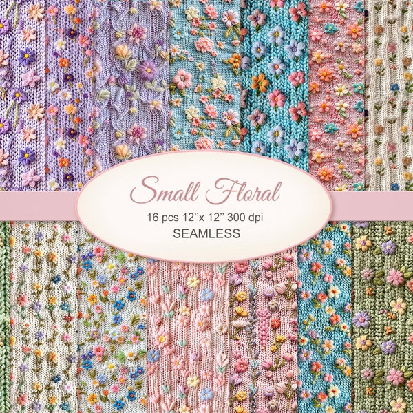 Small Floral Knitted Seamless Pattern.Flowers Soft Knit. Commercial Use. Craft Paper, Junk Journal, Scrapbooking, Fabric. 16 PACK