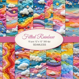Puede incluir: Un conjunto de 15 diseños de papel digital con un arcoíris, nubes y estrellas en una textura similar al fieltro. Los papeles son sin costuras y miden 30,48 cm por 30,48 cm a 300 dpi. "Felted Rainbow" está escrito en el centro de la imagen.