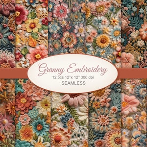 Op de afbeelding: Een verzameling van twaalf naadloze bloemenborduurpatronen. De ontwerpen tonen gedetailleerde, kleurrijke bloemen in tinten perzik, oranje, blauw en groen. De tekst "Granny Embroidery" staat op een bruine banner, met de afmetingen 30,48 cm x 30,48 cm.