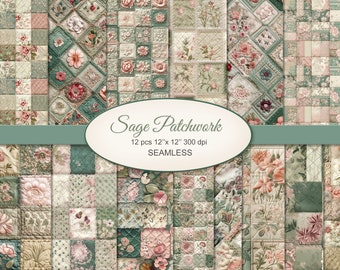 Carta artigianale con motivo patchwork rosa salvia. Trama Cottagecore. Uso commerciale. Diario spazzatura, Scrapbooking. CONFEZIONE DA 14