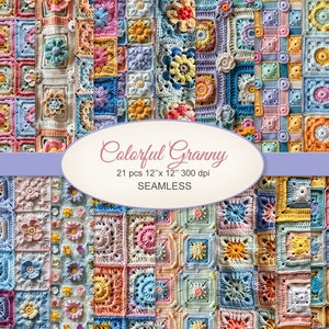 May include: 21 digital paper designs featuring colourful granny squares with floral motifs. Each square is 12 inches by 12 inches and 300 dpi. Seamless.