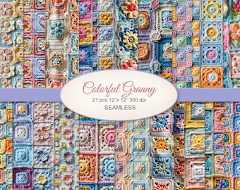 Colorful Granny Crochet Patchwork Pattern Craft Paper. Cottagecore Texture. Commercial Use. Junk Journal, Scrapbooking, Fabric. 21 PACK