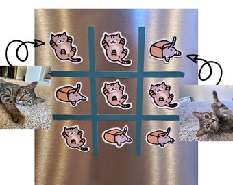 Custom cat tic tac toe fridge magnets | personalized cat cartoons one or two cats | cat lover gift