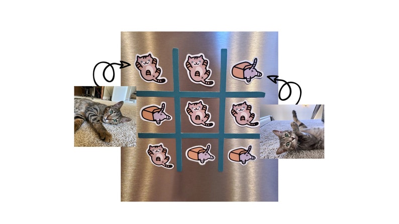 A magnetic tic tac toe board where the pieces are cat cartoons